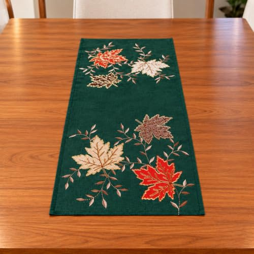 Tischläufer Mitteldecke Herbst 35 x 70 cm grün Gold Stickerei Blätter | festliche Dekoration herbstlich für Tisch und Kommode