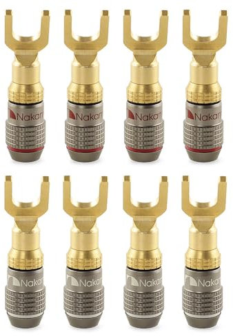Nakamichi FanLock Excel Series 24k placcato oro connettore a forcella spina a banana 10 AWG - 18 AWG calibro 4mm per altoparlanti amplificatore Hi-Fi cavo connettore rapido, 8 pezzi (4 paia)