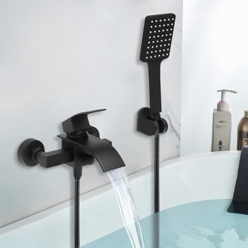 MEELRYD Schwarz Badewanne Wasserhahn, Wasserfall Armatur Badewannenarmatur mit Handbrause Wandmontage Badewannenhahn für Bad