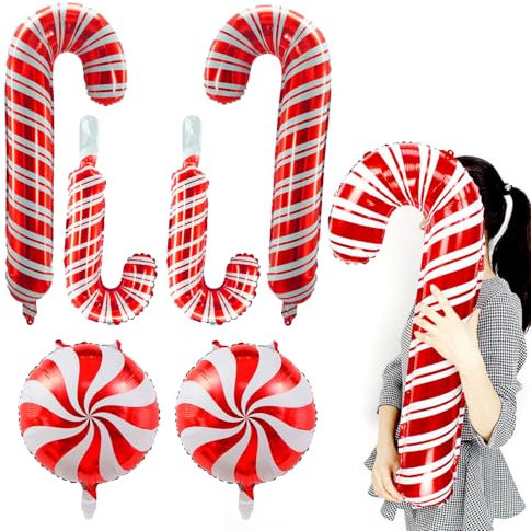 ParPix Globos de Navidad para decoración de bastones de caramelo, 6 unidades, globos de papel de aluminio, globos de Navidad, decoración de fiesta de Navidad, globos de papel de aluminio, color rojo