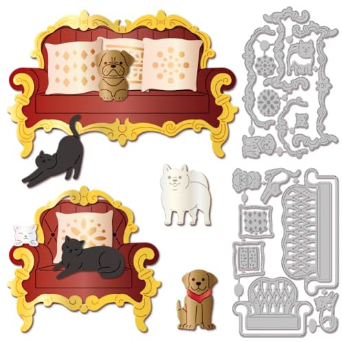 GLOBLELAND Stanzformen Für Sofa Und Stuhl Metall Retro Mehrlagig Katzen Und Hunde Stanzvorlage Papierstanzformen Für Scrapbooking Kartenherstellung Basteln Papierkarten