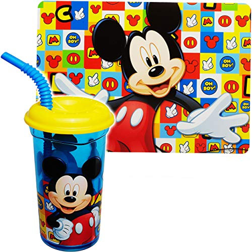 alles-meine.de GmbH 2 TLG. Set: Platzdeckchen + Trinkbecher - Trinkhalmbecher - Mickey Maus - mit Strohhalm & Deckel - BPA frei - 400 ml - Tritan - Kunststoff Plastik - durchsich..