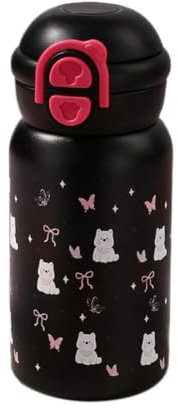 Ohulelks Botella de Agua de Acero Inoxidable con Pajita, 500 Ml, Adorable de Viaje Negra para Bebidas Frías o Calientes