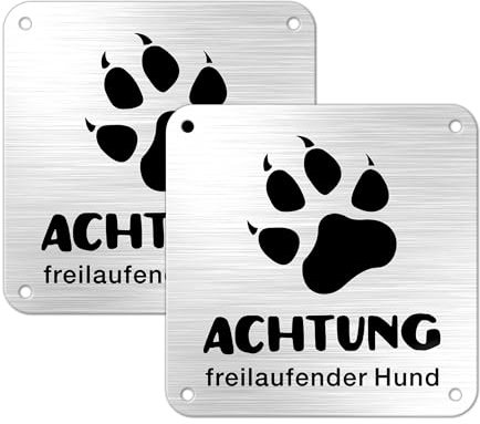TAKULA 10 * 10CM Vorsicht Freilaufend Hund Schild,2 Stück Selbstklebende Warnschilder,Logo aus gebürstetem Metall,Hundeschild Geeignet für Gärten, Zäune und Tore