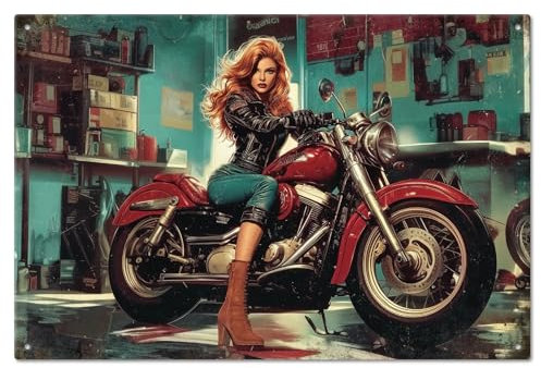 GLOBLELAND Vintage Garage Motorrad Lady Metall Blechschild 8x12 Zoll Vintage Coole Pin Up Lady Kunst Plakette Poster Wanddekoration Für Zuhause Bars Clubs Garage Motorrad Liebhaber Geschenke