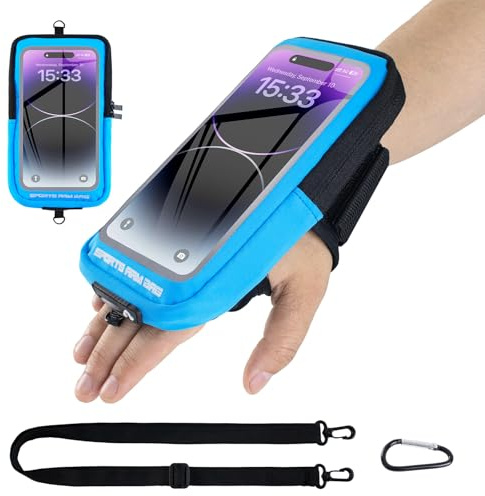 Sportarmband 4-in-1 Handytasche für Arm Handgelenk Umhängetasche mit Karabinerhaken für iPhone 16/15/14 Pro Max Samsung Galaxy Max 6,8 Zoll Ideal für Joggen Laufen Wandern (Blau)