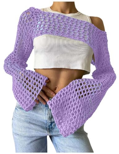 Robe à bretelles séduisant pull à col rond de couleur unie avec ourlet creux et manches longues pour femme bijoux argent, lilas, M