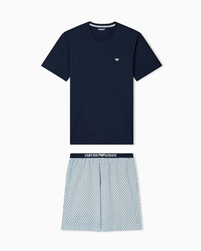 EMPORIO ARMANI Herren T-Shirt mit Muster und Shorts, Pyjama, Blau, Größe XL