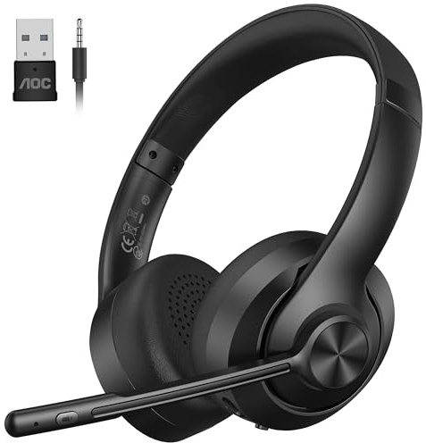AOC Wireless Headset with Microphone, dongle-BT/Bluetooth/wired 3 modes connection, bluetooth Headset V5.3, PC Headphone Office Teams for Skype, Call Center, Teaching, Business Chat