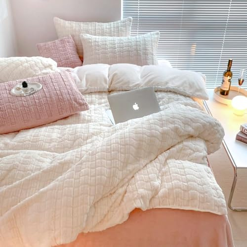 Covebett Plüsch Bettwäsche 135x200 Creme Weiß Winter Warm Flauschig Flanell | Winterbettwäsche Set 2teilig, Kariert, Kuschelig Fleece, Cashmere Touch, Bettbezug und 1 Kissenbezug 80x80 mit Reißverschluss