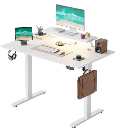 Agilestic Höhenverstellbarer Schreibtisch mit flexiblem Monitorständer | Schreibtisch elektrisch 120 x 60 cm, LED-Lichtleiste, USB-Steckdose, 2 Speicherplätze, für Homeoffice, Weiß