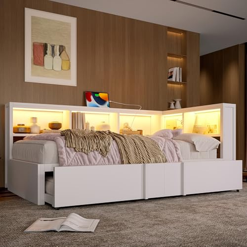 Zravenna Metall-Tagesbett Schlafsofa 90x200 mit Ausziehbett und Stauschränken, Multifunktionales Daybed mit 5 integrierte offenem Schränke, Einzelbett Gästebett, Metall + MDF (Weiß, 90cm*200cm)