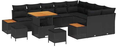 Bucmath Gartensofa-Set 12-teilig, Schwarz Poly-Rattan, mit Akazienholz-Tisch, wetterfestes Loungemöbel-Set für Terrasse, Balkon, Garten, große Sitzgruppe