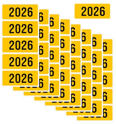 200 Stück Jahreszahlen Aufkleber 2026, 6×2,5 cm Selbstklebende Jahreszahl Etiketten für Ordner, Unterlagen & Ablage – Jahreszahlen Aufkleber 2026 für Ordner (Gelb)