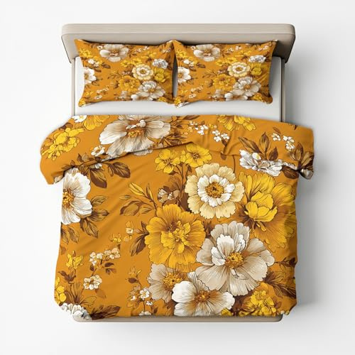 Generisch Gelb Blumen Bettwäsche 135x200 2er Set Mit Schöne Blume Pflanzen Muster Bettbezug Set Bügelfreie Bettwäsche Mit Reißverschluss, Kissenbezug, Gelb Blumen Deko
