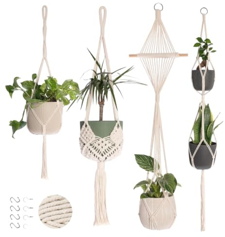 unbholkk Makramee Blumenampel Hängend Innen, 4 Stück Boho Deko Schlafzimmer Makramee Set mit Haken, Zimmer Deko Aesthetic Blumenampel für Balkon Fenster Deko