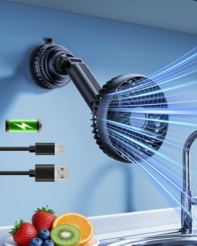 5000mAh Rechargeable Suction Cup Fan for Bathroom Shower, 360° Adjustable Stick on Fan for Wall, Detachable Battery Operated Bathroom Fan Cordless for Mirror Kitchen Desk Car Cruise Camper- Black