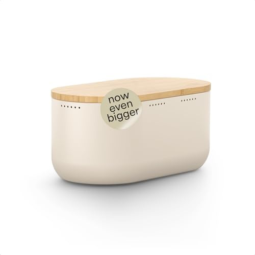 LARS NYSØM Bread Box I Metal bread box for long lasting freshness with non-slip pads I Baked goods Bin with bamboo lid usable as cutting board I 34.5x18.5x15.8cm (Cream Beige)