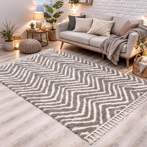 carpet city Hochflor Teppich Shaggy Grau/Taupe 160x230 cm - Chevron-Muster, Fransen & Kettfäden - flauschig weich, kuschliger Schlafzimmer- & Wohnzimmerteppich