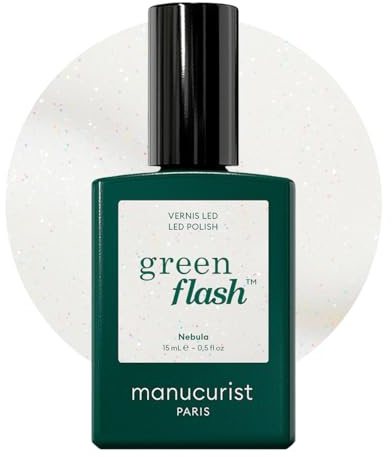 Manucurist Green Flash Nebula Holographic White LED Gel Nail Polish | LED gel polish and semi-permanent nail varnish, UV nail lamp compatible. 12-free, bio-sourced, vegan, Made in France, 15 ml