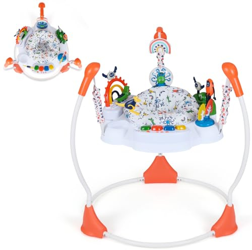 GYMAX Baby Jumpers & Bouncers, Interactive Baby Jumperoo Activity Center with 360° Rotary Seat, 3 Adjustable Heights, Music, Lights, Interactive Toys, Toddler Bouncer for 6 Months+ (Orange)