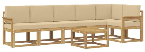 vidaXL Outdoor-Sofagarnitur mit Kissen 7 pcs Weiß und Beige Polyester, Modernes Garten-Sofa Set, wetterfestes Möbel, Sektional für die Terrasse, Akazienholz, Entspannung im Freien