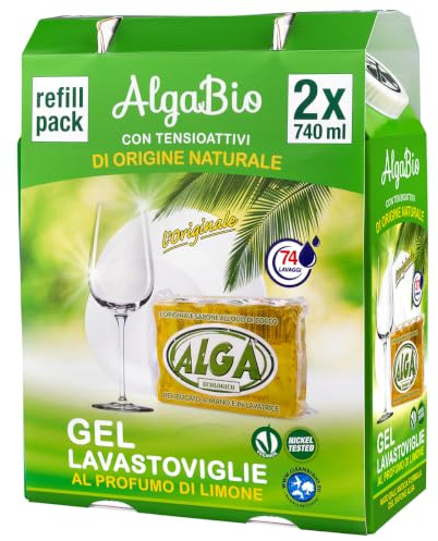 ALGA BIO - Alga Gel Lavastoviglie con Profumo di Limone Formula Innovativa per Pulizia Efficace Bipack 740ml+740ml