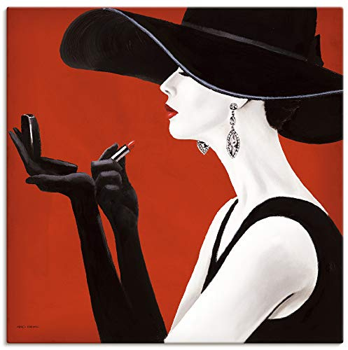 ARTLAND Wanddeko Leinwand Bilder Wandbild 40x40 cm Frau Hut Stil Lippenstift Beauty Mode Moderne Kunst Schwarz Weiß Rot K8QR