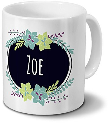 printplanet Tasse mit Namen Zoe - Motiv Flowers - Namenstasse, Kaffeebecher, Mug, Becher, Kaffeetasse - Farbe Weiß
