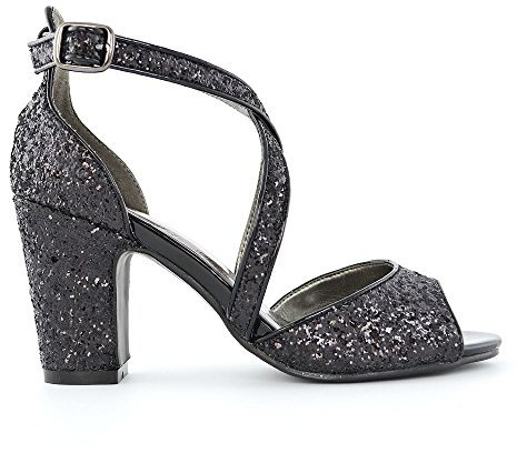 ESSEX GLAM Womens Strappy Sandals Block Mid Low Heel Sparkly Ladies Ankle Strap Glitter Party Evening Bridal Shoes Size 3-8