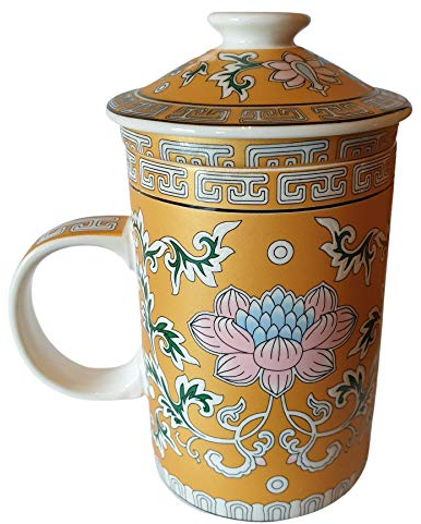 Porcelain Chinese Tea Mug with Infuser and Lid - Lotus Flower Pattern