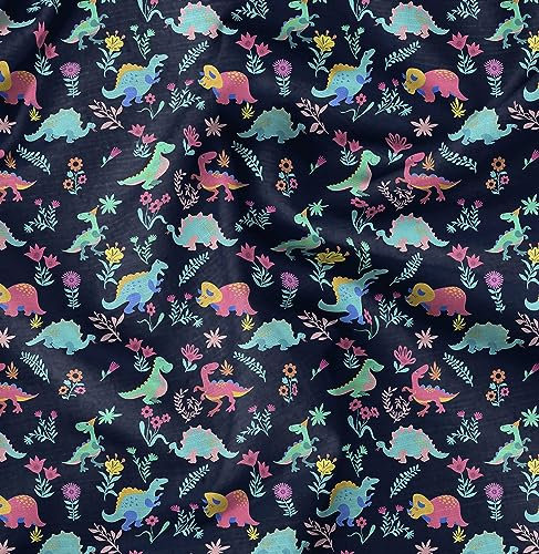 Soimoi Blau Baumwoll-Popeline Stoff Aster Blume & Dinosaurier Kinder Stoff Meterware 42 Zoll breit