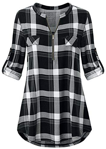 Odosalii Damen V-Ausschnitt Kariert Bluse 3/4 Ärmel Langarm Reißverschluss Tunika Longshirt Hemd Tops T-Shirt, L, A_schwarz Kariert