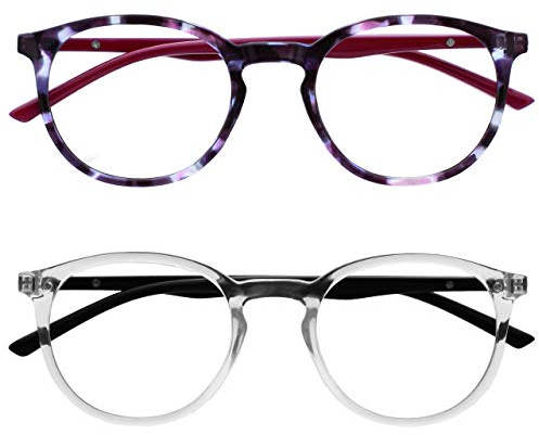 OPULIZE Met-Brille Blaulichtfilter 2er Pack Schlank Runder Rahmen Federscharniere Verbessert Schlaf Computerbrille Gaming Entspiegelt Lila Transparent Herren Damen BB60-5C +0.00