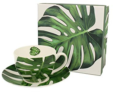 Duo Kollektion Monstera Tasse mit Untertasse aus New Bone China Porzellan in Geschenkbox, Kaffeetasse, TeeTasse, Füllmenge 270 ml