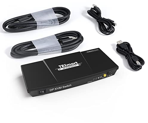 TESmart DisplayPort KVM Switch mit 2 Port 4K@60Hz 4:4:4 Ultra HD | DP KVM Switch mit zusätzlichem USB 2.0-Port unterstützt Auto Scan&IR-Fernbedienung Inklusive 2 Stck. 1,5 m KVM-Kabel-Mattschwarz