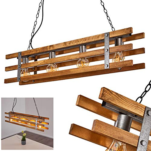 HOFSTEIN Pendelleuchte Mallard, Hängelampe aus Holz/Metall in Braun/Silber, 4-flammig, 4 x E27 max. 28 Watt, Höhe max. 152,5 cm, längliche Hängeleuchte im Retro/Vintage-Desgin, LED geeignet