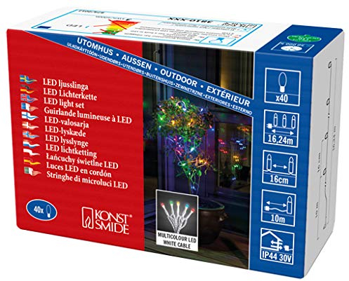Konstsmide Micro LED Lichterkette, gefrostet, 40 bunte Dioden, 30V Außentrafo, weißes Kabel - 3810-502