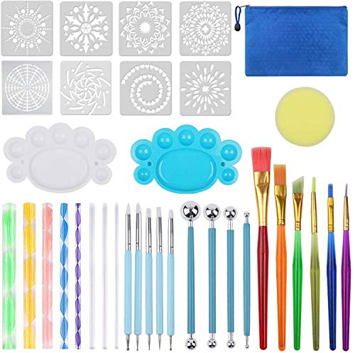 VieVogue 35 Stück Mandala Rock Punktierung Werkzeuge, Dotting Tool Dot painting Schablone Farbwanne Pinsel für DIY Rock Stein Malerei Polymer Clay Keramik Nail Art Zeichnen Kunst Handwerk Prägung