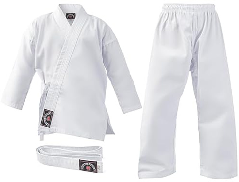 Prime Sports Midweight Karate Uniform for Kids & Adults 8oz Karate Gi Martial Arts Uniform Student with Free White Belt (White, 1/140CM (4'5-4' 8))