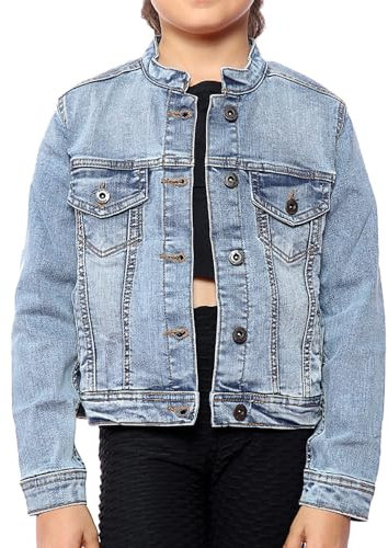 NOROZE Girl's Western Style Jacket Collarless Denim Jacket, Light Blue Washed Jeans Kids Classic Trucker Jacket Denim Biker Casual (11-12 Years, Light Blue)