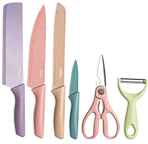 La Moustache - Juego de Cuchillos de Cocina Profesionales con Pelador y Tijeras, 6 Piezas de Chef Antiadherentes e Inoxidables, Mangos Ergonómicos y Seguros (Multicolor)
