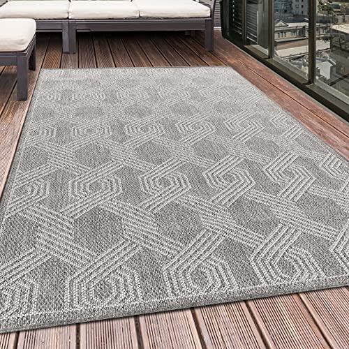 HomebyHome In- & Outdoor Teppich 160x230 cm, Wetterfest & Robust, Flachgewebe mit Modernem Geometrisch-Design in Grau & Creme, Rechteckig für Terrasse, Balkon, Küche, Bad & Wohnzimmer
