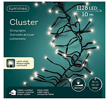 Lumineo Cluster-Lichterkette 1128 LED, 10 m – warmweiß, dimmbar mit Timer, energiesparend, wetterfest IP44, 5 m Zuleitung – Weihnachtsbeleuchtung für Innen & Außen