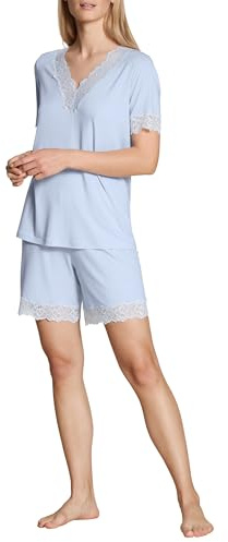 CALIDA Elegant Dreams Kurz-Pyjama, Schlafanzug Damen, luftiger Schnitt, mit Spitzendetails, fließend und anschmiegsam Harmony Blue 36-38
