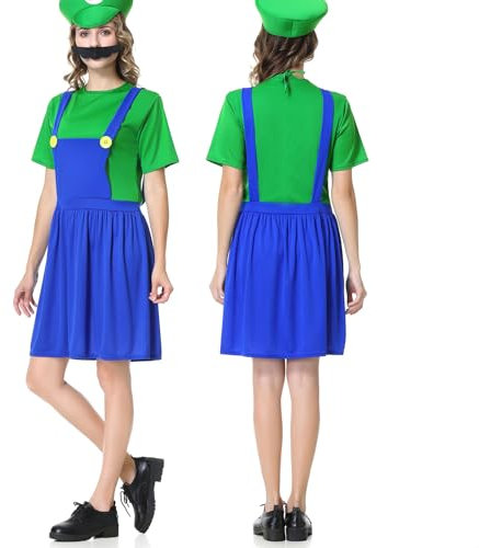 VISVIC Cosplay Kostüm Super Brothers Cosplay Kostüm, mit Cap und Schnurrbart, Halloween Karneval Cosplay Kostüm Set Männer Damen Jungen Mädchen, Faschingskostüme, Damen Grün, L