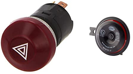 HELLA 6HF 003 916-031 Warnblinkschalter - Druckbetätigung - 12V - rot & 3AL 922 000-951 Horn - S90-12V - 113dB(A) - Frequenzbereich: 350Hz - Tiefton - Gehäusefarbe: rot/schwarz - Flachsteckanschluss