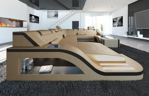 XXL Sofa Wohnlandschaft Palermo Ledersofa U Form - mit LED Beleuchtung, verstellbare Kopfstützen, Recamiere/Lederfarben wählbar/Ausrichtung wählbar (Ottomane Links, Sandbeige-Schwarz)