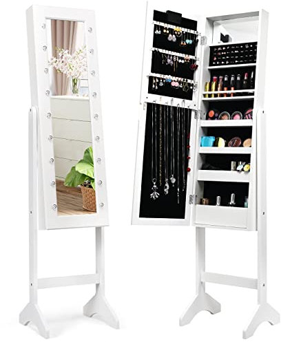 RELAX4LIFE Specchio Portagioie da Terra, Armadietto Portagioie con 18 Luci LED, Angolo di Inclinazione Regolabile, Organizzatore per Gioielli, Ideale per Camera da Letto (Bianco, 31x35x145 cm)