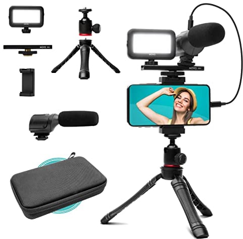 Movo uVlogger- Android/USB-C/iPhone 15 kompatibles Vlogging-Kit: Handy-Stativ, Handyhalterung, LED-Licht, Shotgun-Mikrofon - YouTube-Starter- und Content-Creator-Kit